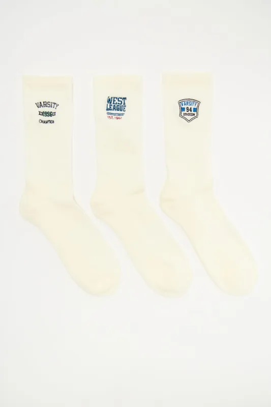 Vintage Varsity Crew Socks 3 Pack - Off White sold by Fashion Nova