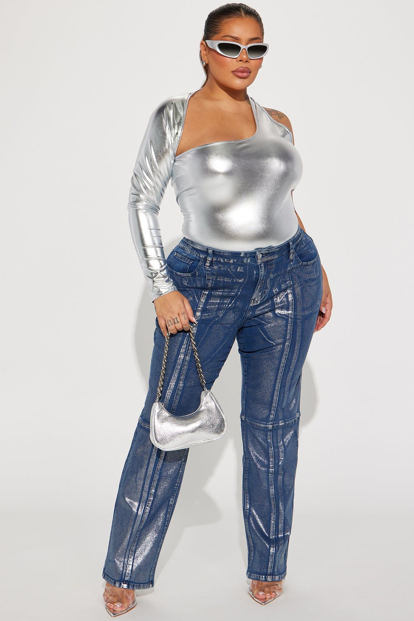 Seeing Silver Foil Straight Leg Jeans - Blue/Silver sold by Fashion Nova product image thumbnail 4
