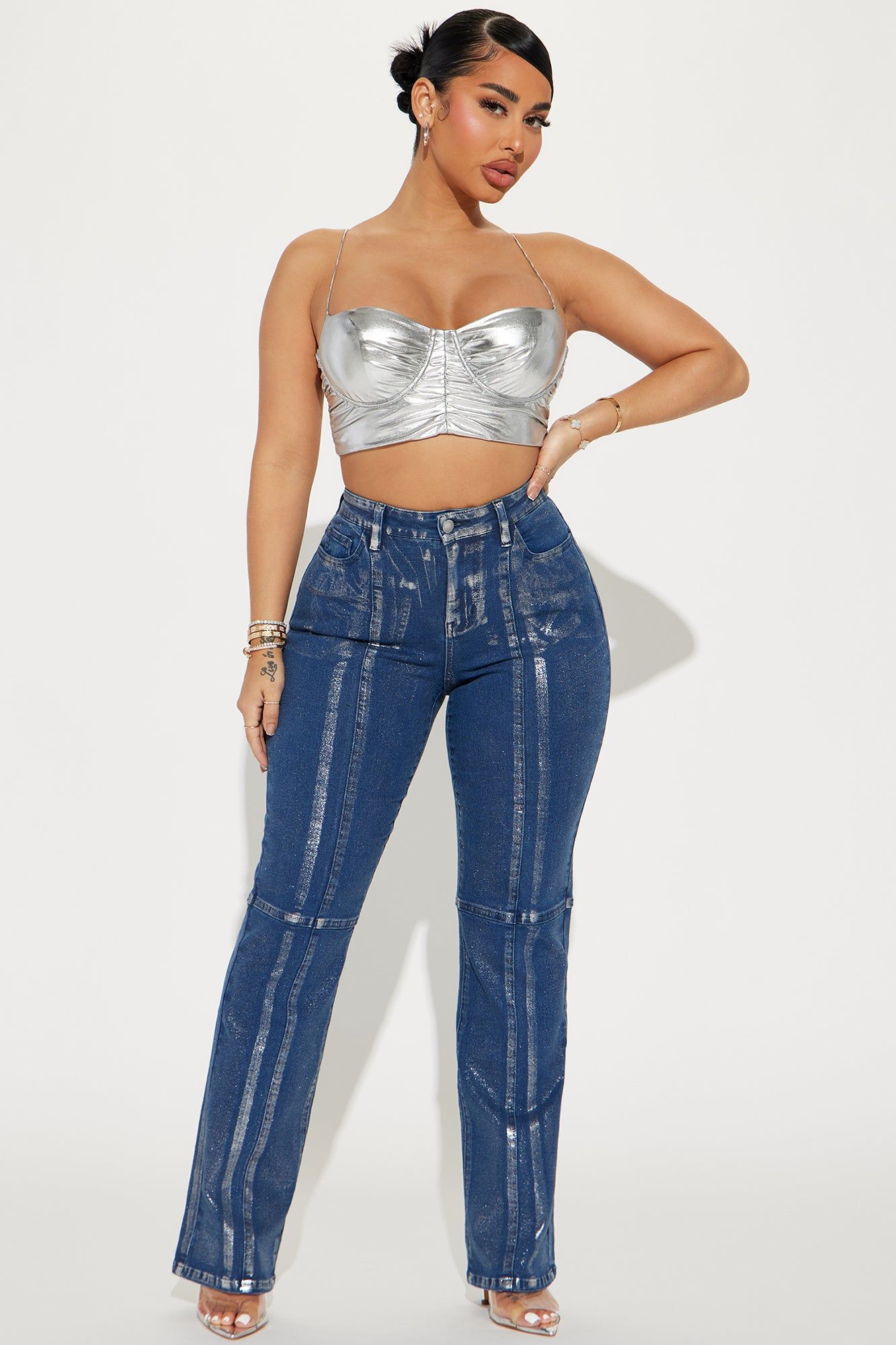Seeing Silver Foil Straight Leg Jeans - Blue/Silver sold by Fashion Nova