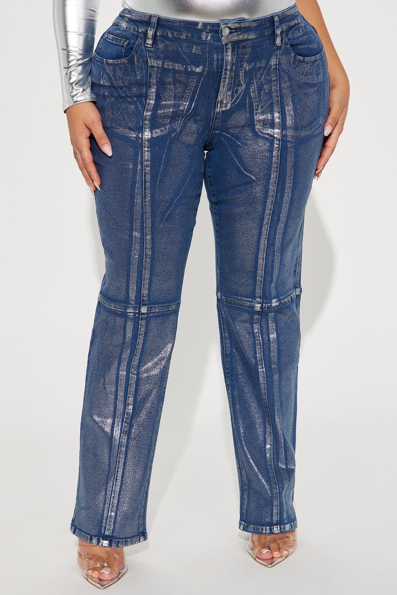 Seeing Silver Foil Straight Leg Jeans - Blue/Silver sold by Fashion Nova product image thumbnail 5