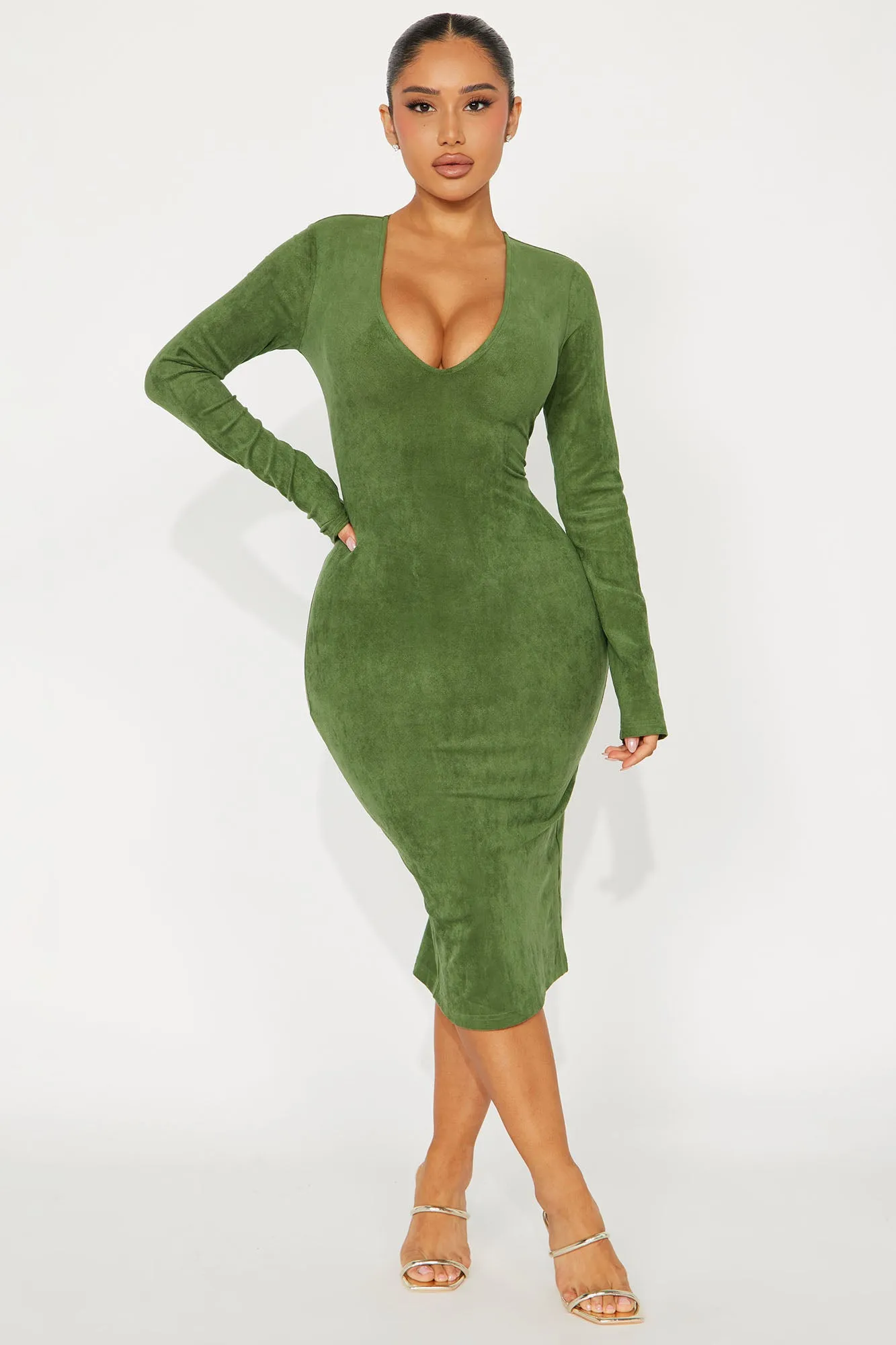 Sonya Suede Midi Dress - Green sold by Fashion Nova