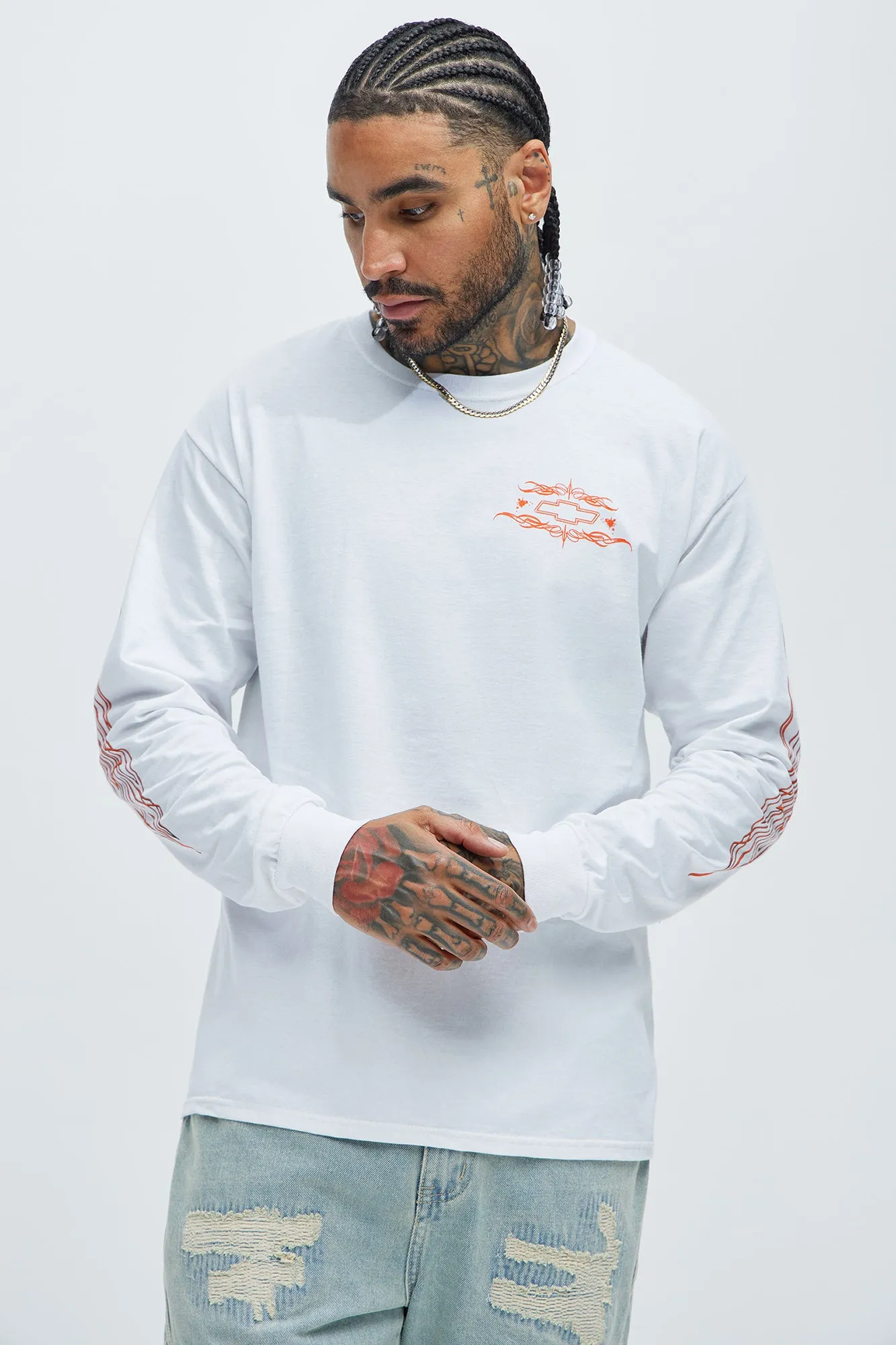 Chevy Pinstripes Long Sleeve Tee - White sold by Fashion Nova