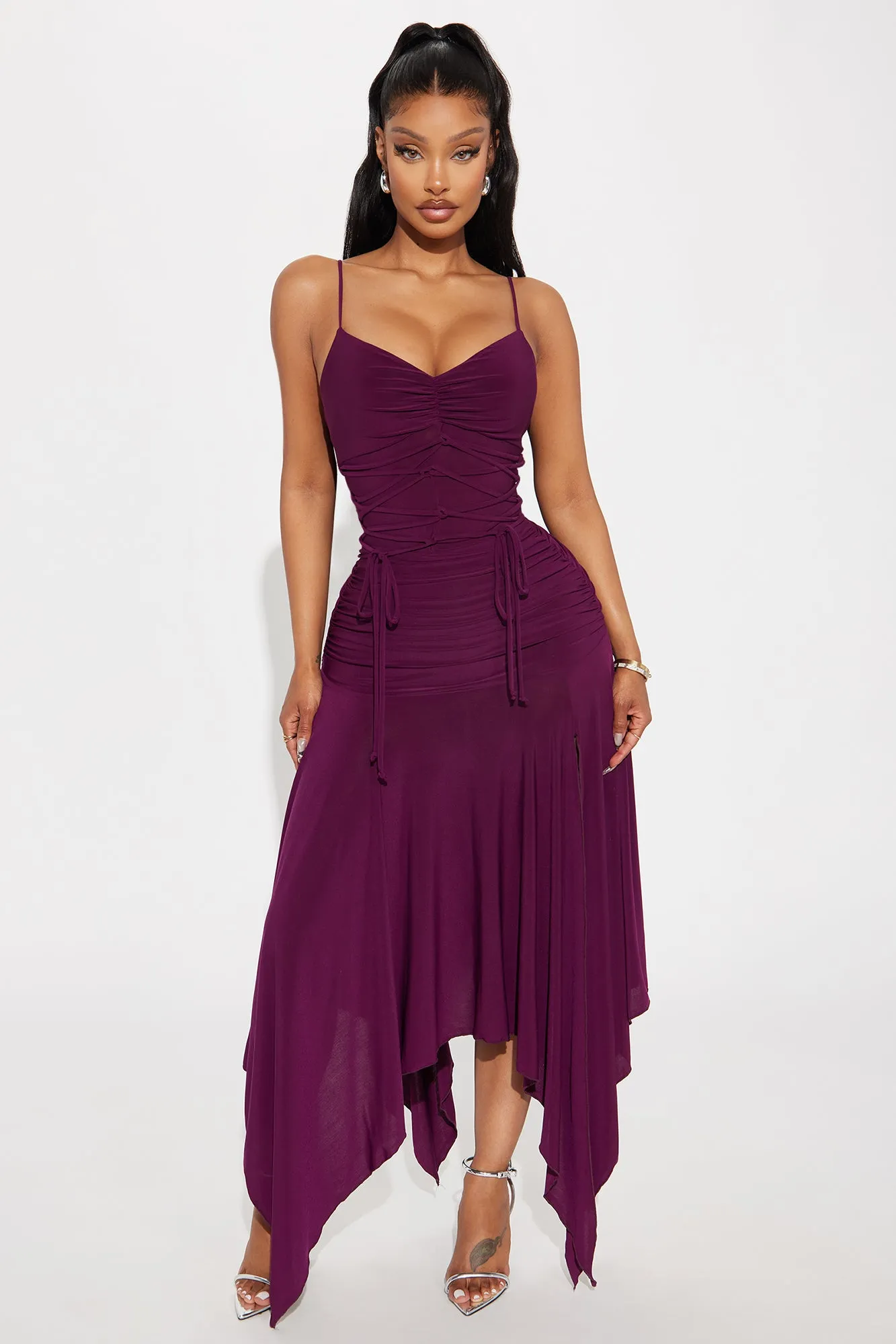 Midnight Serenade Lace Up Midi Dress - Plum sold by Fashion Nova