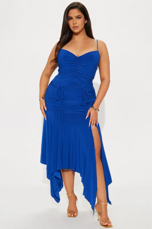 Midnight Serenade Lace Up Midi Dress - Royal sold by Fashion Nova