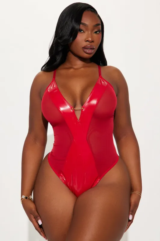Just Listen Liquid Vinyl Crotchless Teddy - Red sold by Fashion Nova