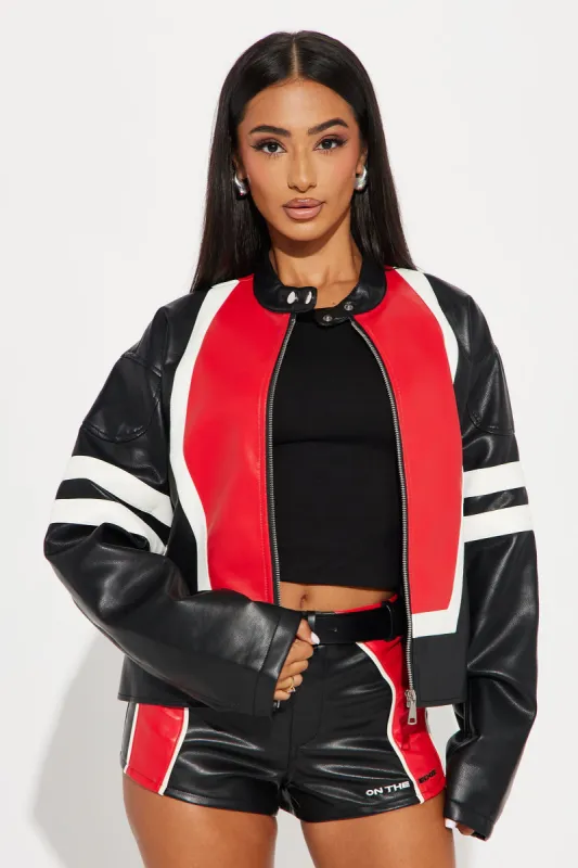 Living On The Edge Moto Jacket - Red/combo sold by Fashion Nova