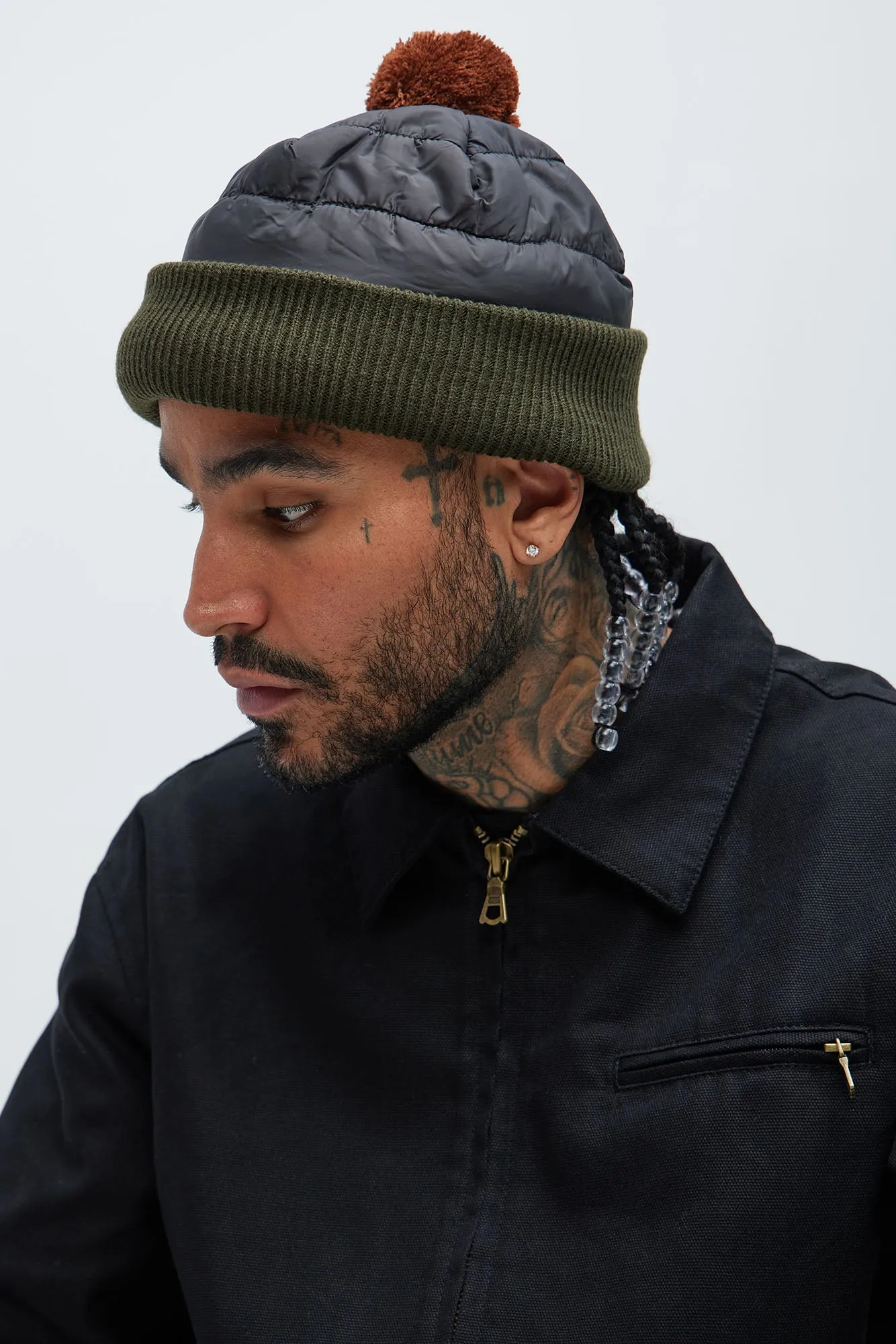 Padded Nylon Pom Beanie - Grey/combo sold by Fashion Nova