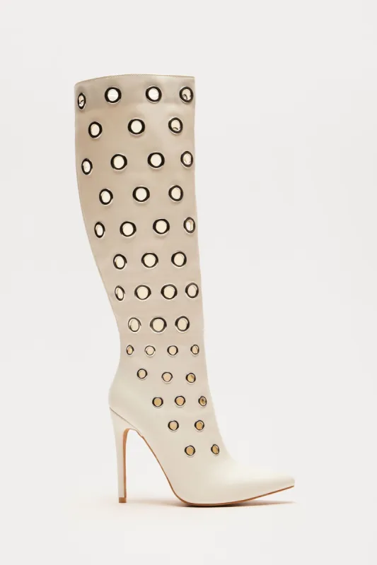 Grant Grommet Knee High Boots - White sold by Fashion Nova