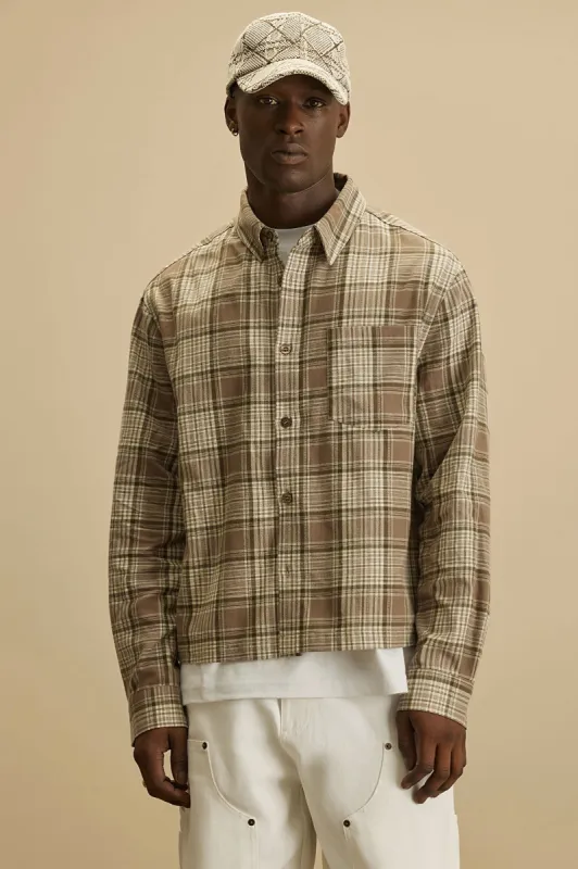 Delano Cropped Plaid Shirt - Taupe/combo sold by Fashion Nova