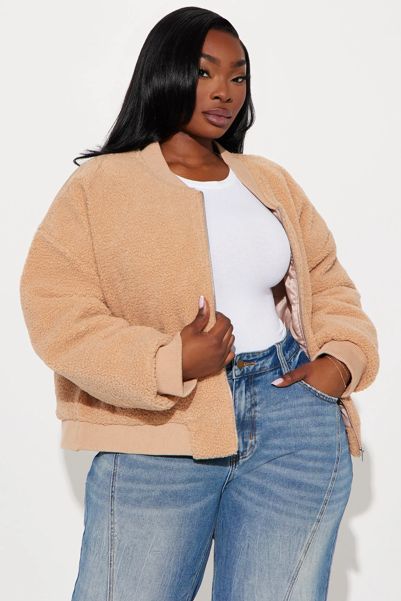 Get Even Sherpa Bomber Jacket - Brown sold by Fashion Nova
