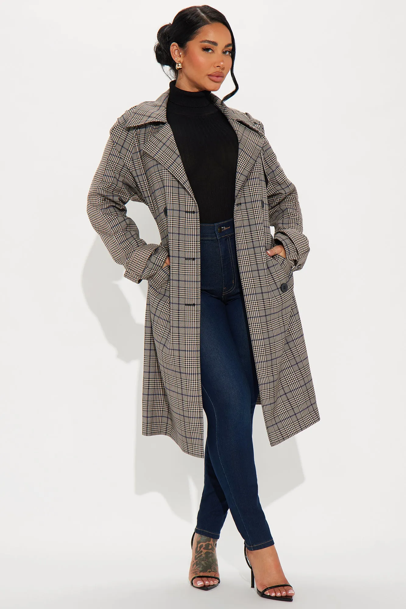 Prep School Plaid Trench - Khaki/combo sold by Fashion Nova