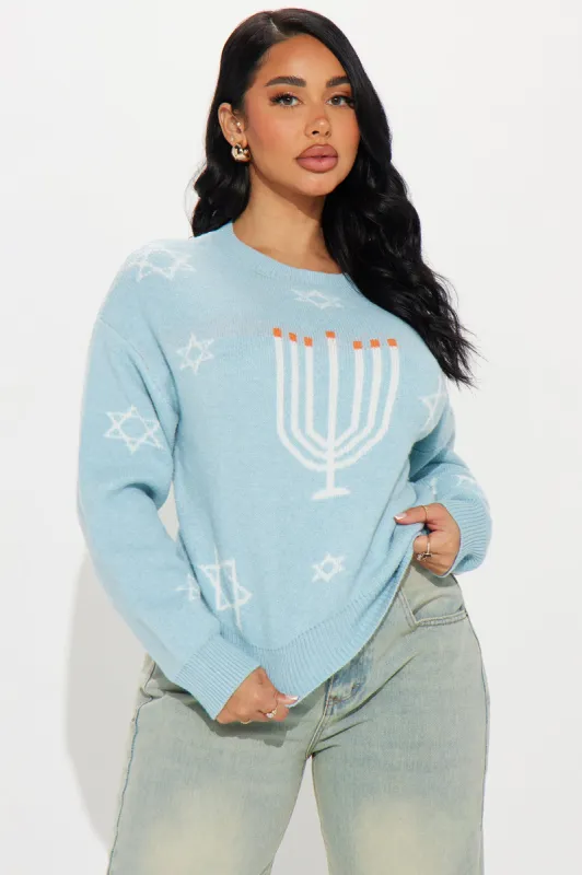 Menorah Hanukkah Sweater - Blue/combo sold by Fashion Nova