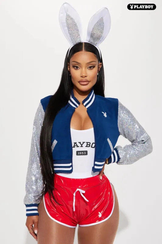 Playboy Touch Down Bunny 6 Piece Costume Set - Blue/combo sold by Fashion Nova
