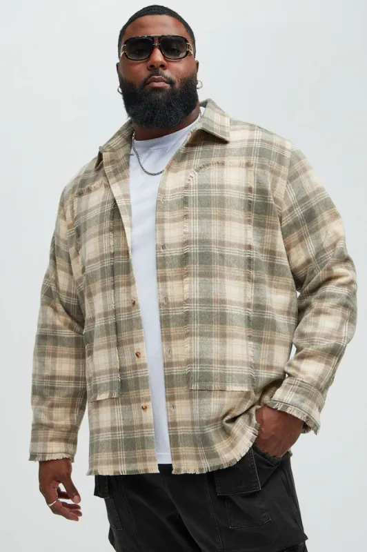 Victory Frayed Flannel Overshirt - Taupe sold by Fashion Nova