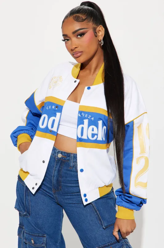 It's Modelo Time Bomber Jacket - White sold by Fashion Nova