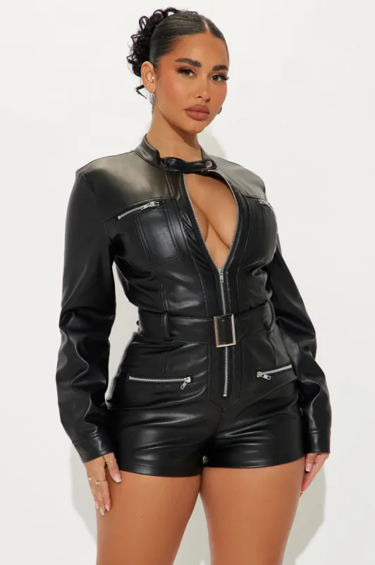 On His Motorcycle Faux Leather Romper - Black sold by Fashion Nova