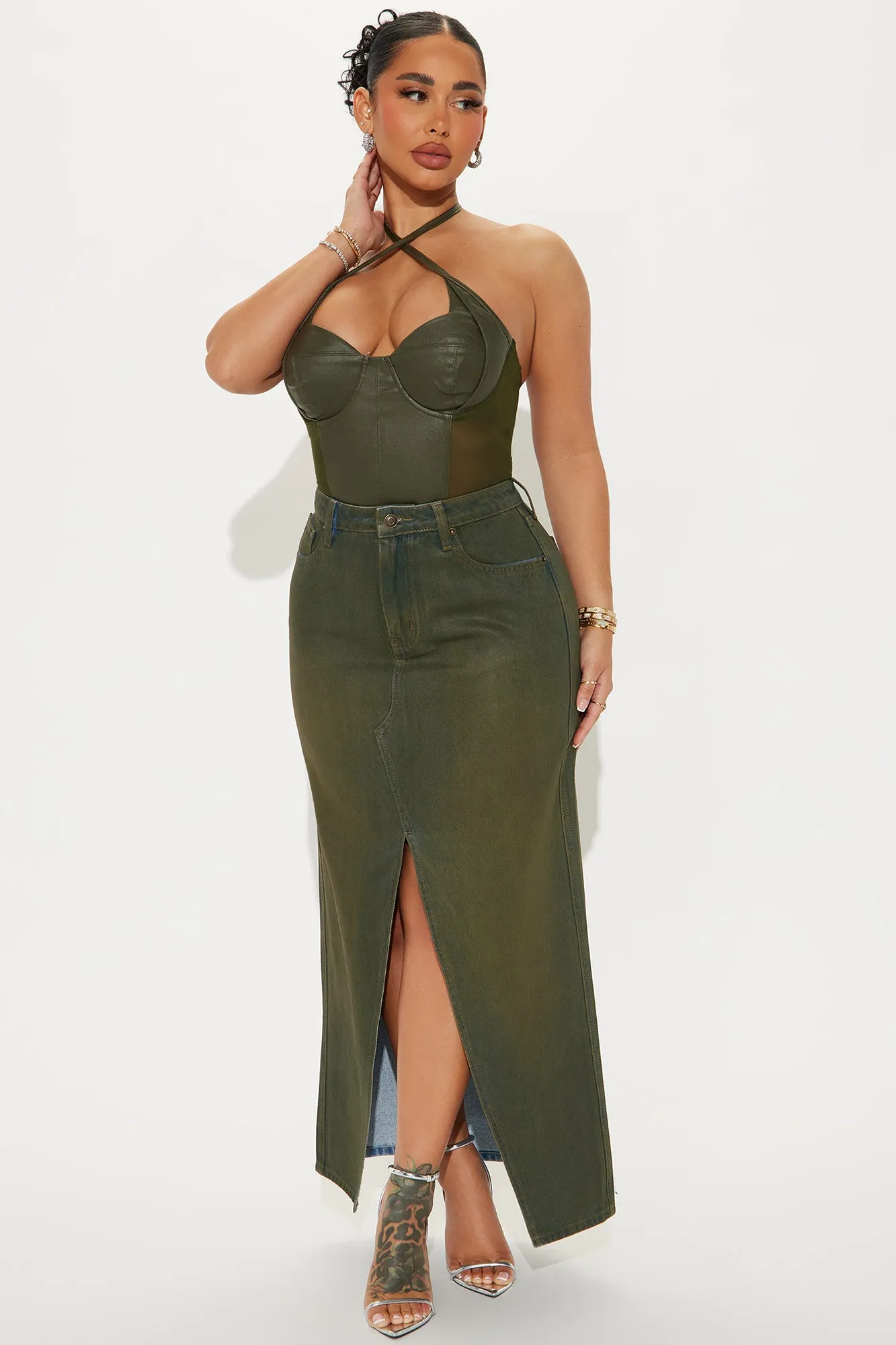 Lone Pine Coated Denim Maxi Skirt - Olive sold by Fashion Nova