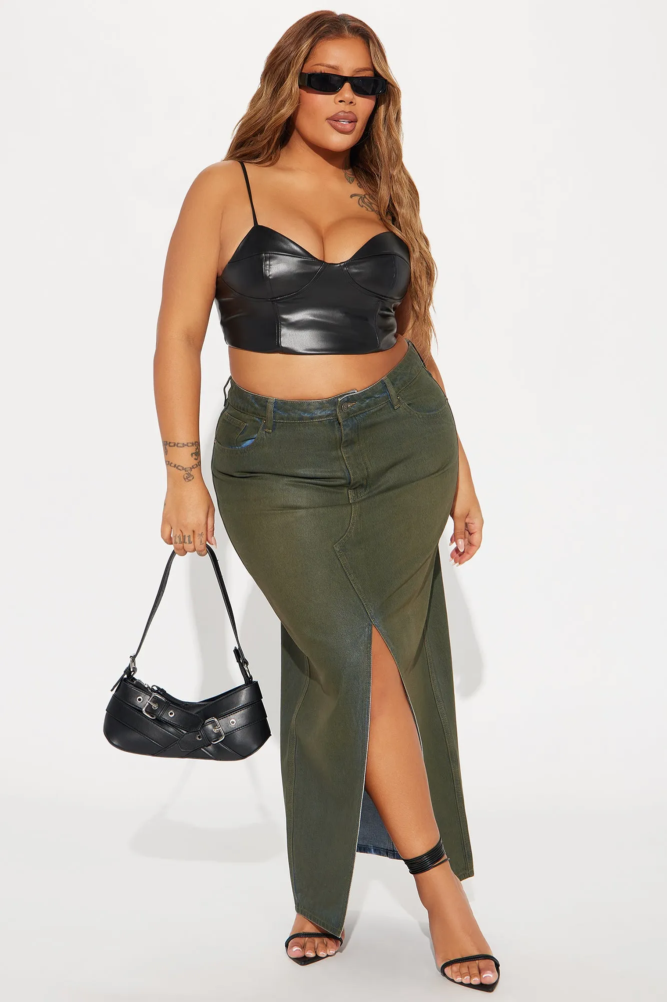 Lone Pine Coated Denim Maxi Skirt - Olive sold by Fashion Nova product image thumbnail 4