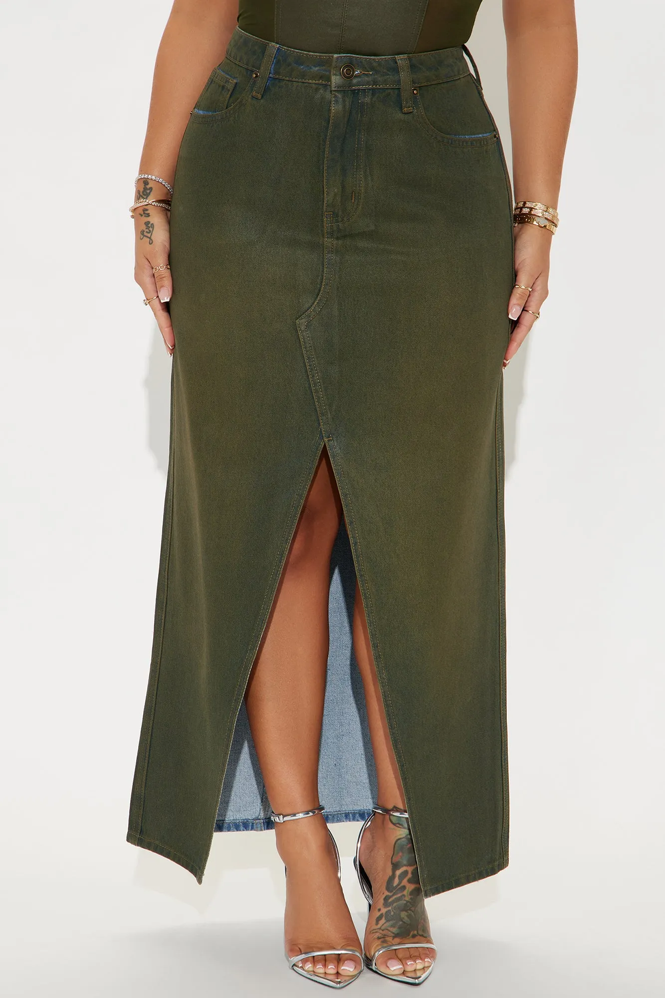 Lone Pine Coated Denim Maxi Skirt - Olive sold by Fashion Nova product image thumbnail 2
