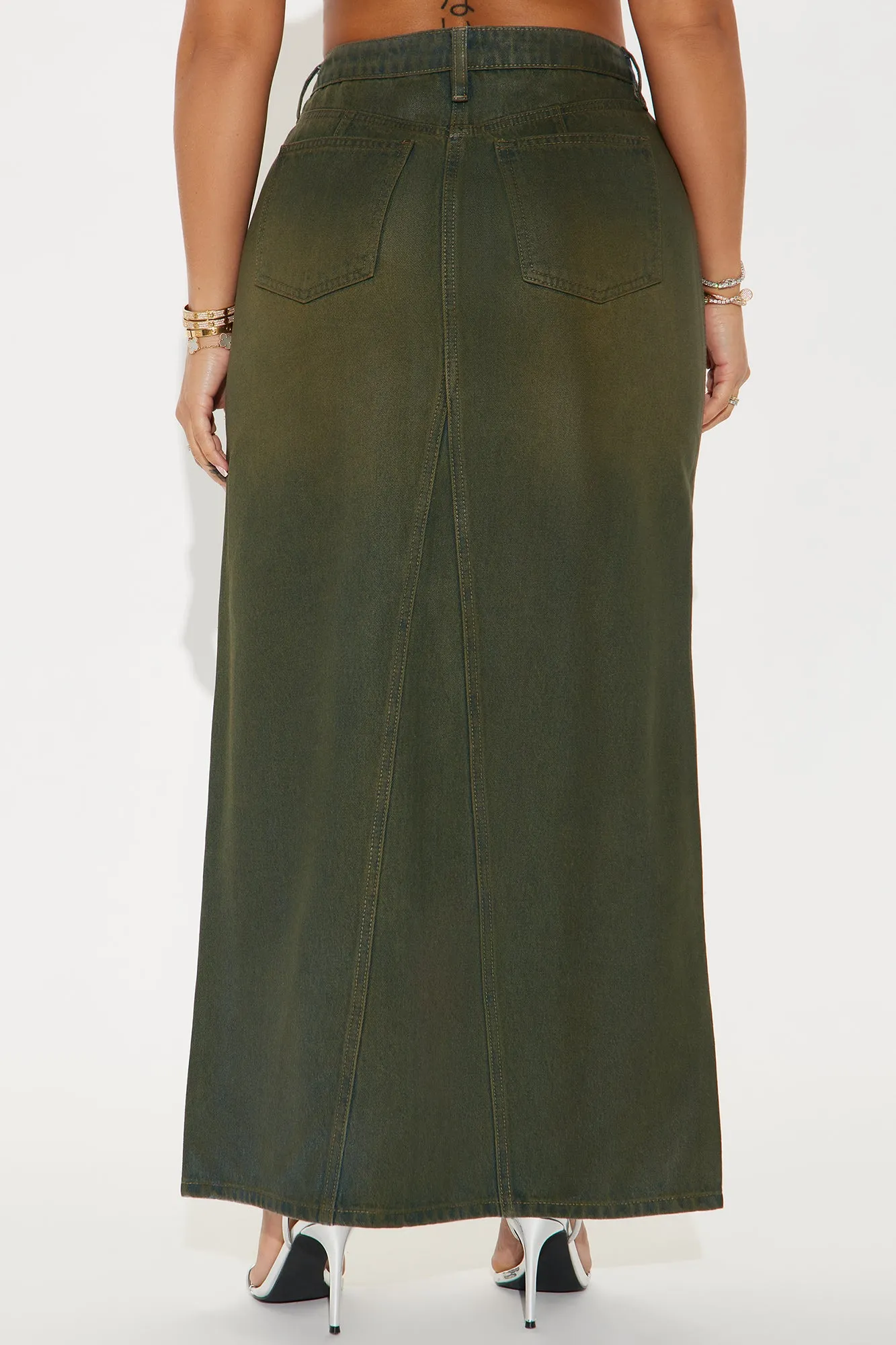 Lone Pine Coated Denim Maxi Skirt - Olive sold by Fashion Nova product image thumbnail 3