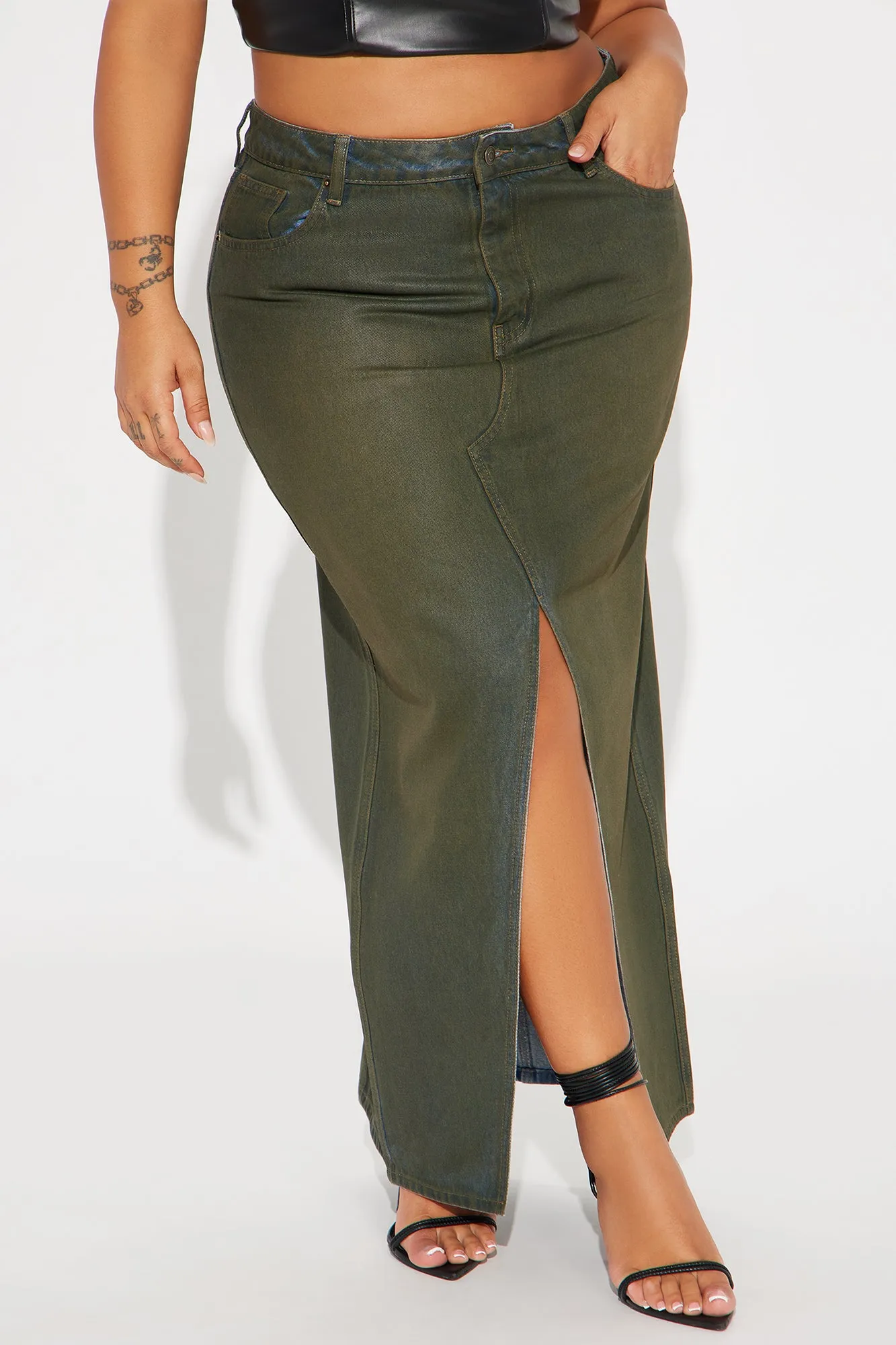 Lone Pine Coated Denim Maxi Skirt - Olive sold by Fashion Nova product image thumbnail 5