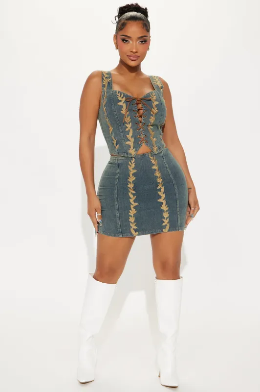 Paulina Denim Mini Skirt Set - Blue Wash sold by Fashion Nova