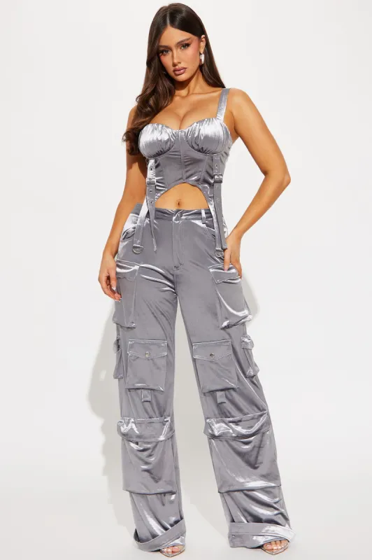 Step Back Velour Cargo Pant Set - Grey sold by Fashion Nova