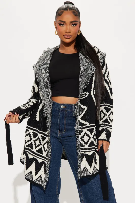 Snow Fall Printed Fringe Cardigan - Black/White sold by Fashion Nova