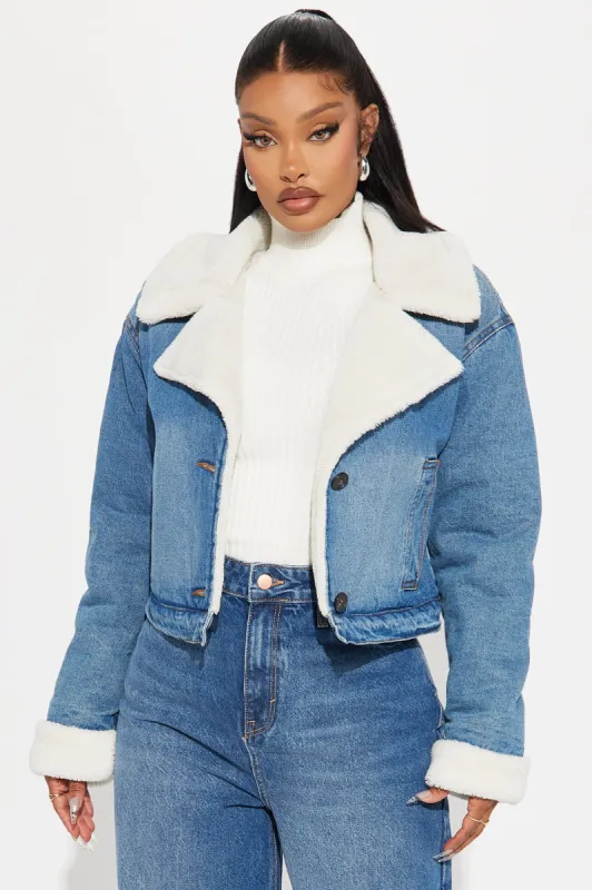 Mila Denim Shearling Jacket - Medium Wash sold by Fashion Nova