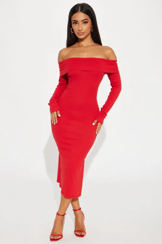 Love On The Brain Ribbed Midi Dress - Red sold by Fashion Nova