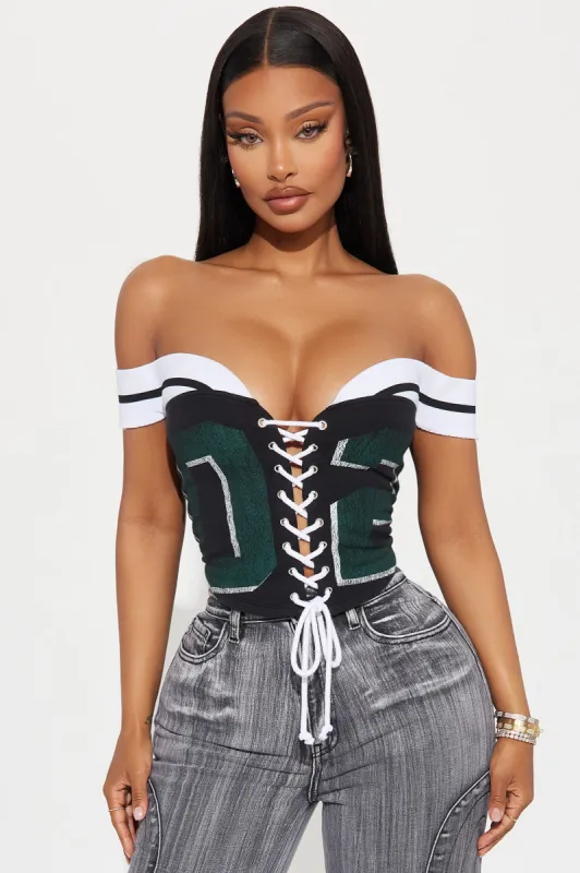 Game Day Babe Corset Top - Black/Green sold by Fashion Nova