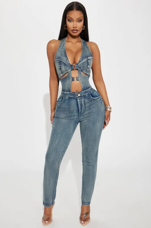 Spark The Passion Denim Jumpsuit - Medium Wash sold by Fashion Nova