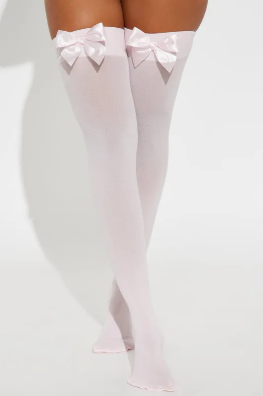 Sweet Desires Sheer Bow Thigh Highs - Pink sold by Fashion Nova