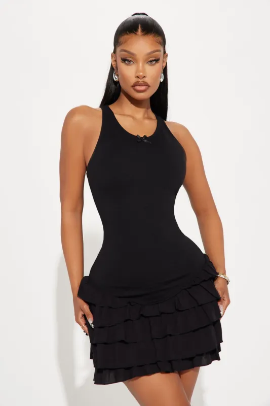 Cuteness Overload Ruffle Mini Dress - Black sold by Fashion Nova