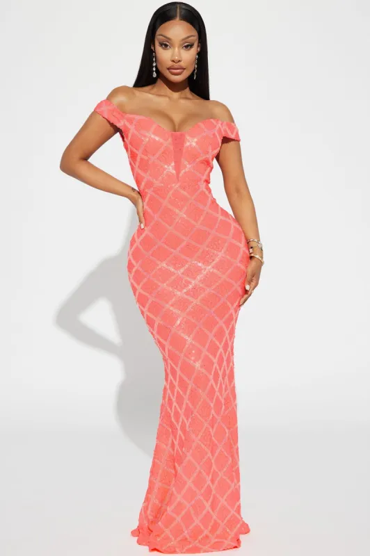 Carley Sequin Gown - Coral sold by Fashion Nova