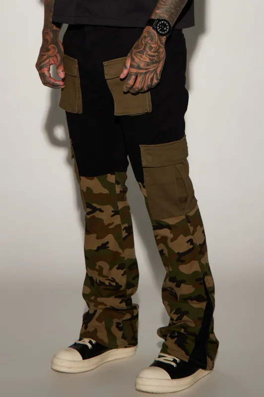 Camo Colorblock Stacked Slim Flare Cargo Pants - Black/combo sold by Fashion Nova
