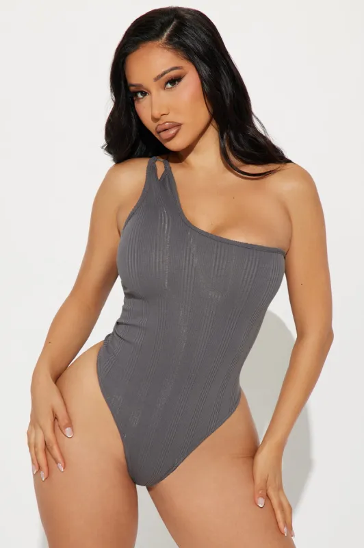 Got Me Sprung Ribbed Bodysuit - Charcoal sold by Fashion Nova