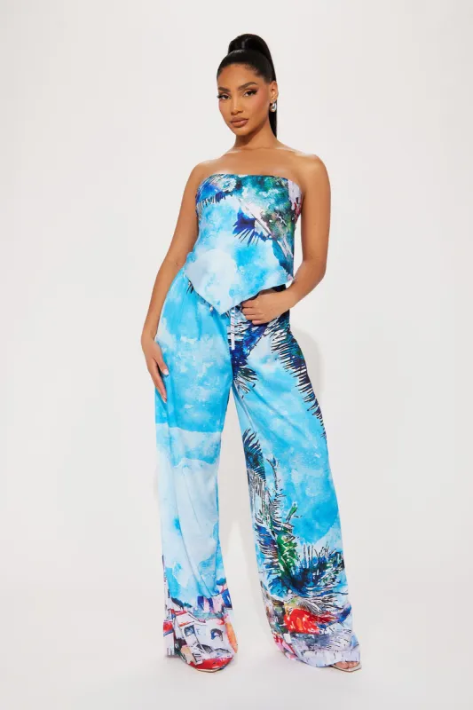 Tropical Babe Satin Pant Set - Blue/combo sold by Fashion Nova