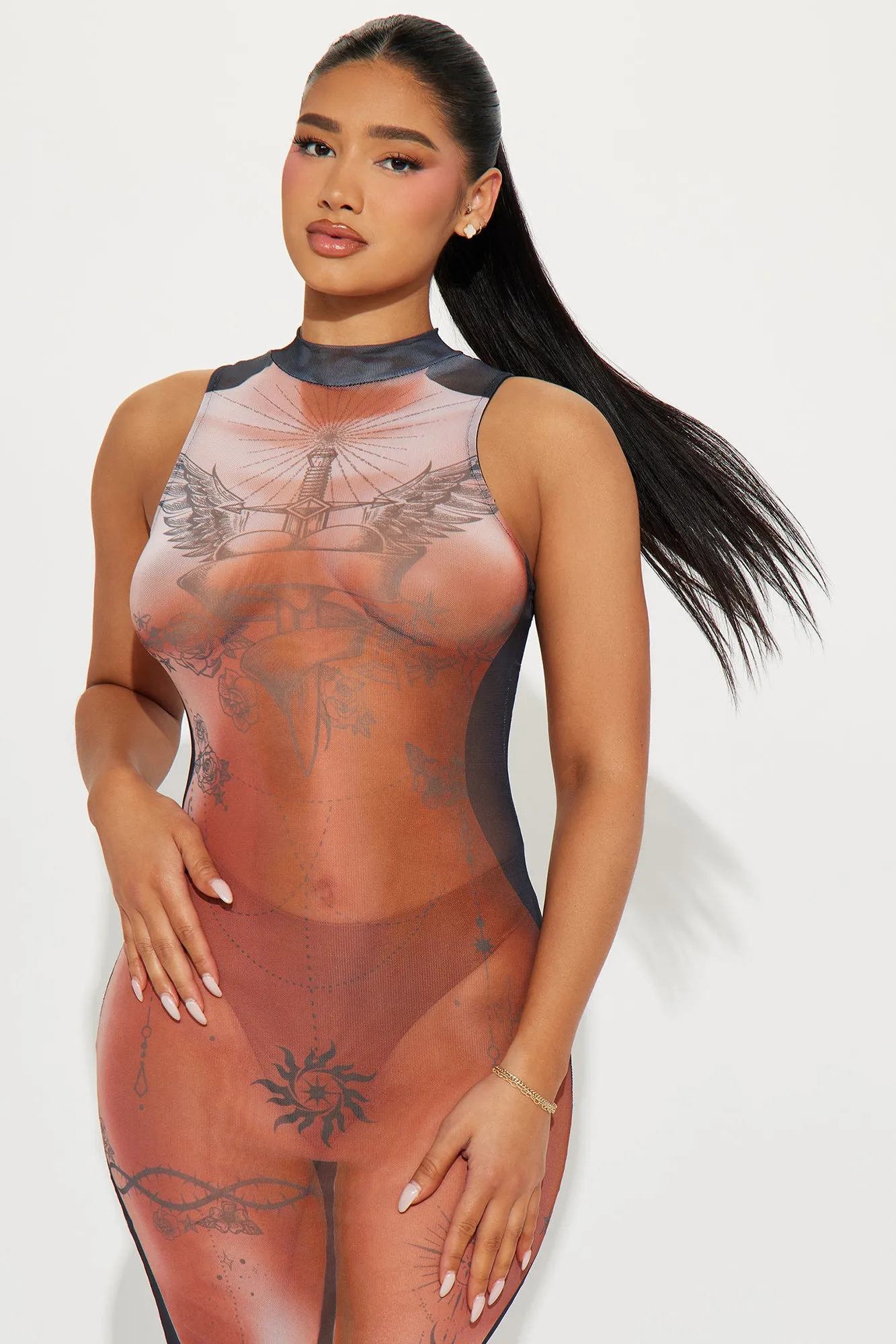 Your Favorite Tattoo Mesh Maxi Dress - Brown/combo sold by Fashion Nova product image thumbnail 2