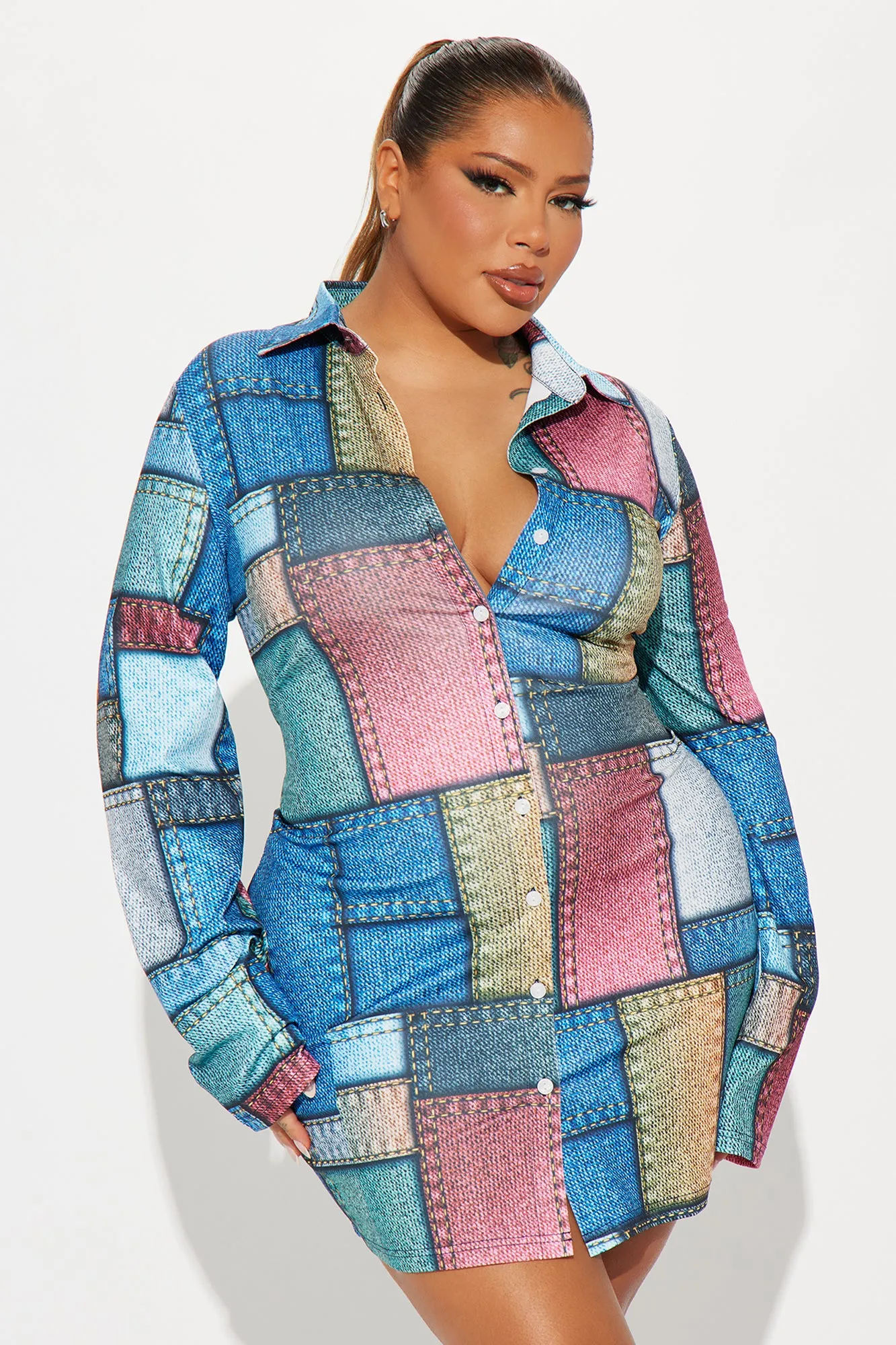 All Patched Up Mini Shirt Dress - Blue/combo sold by Fashion Nova product image thumbnail 5