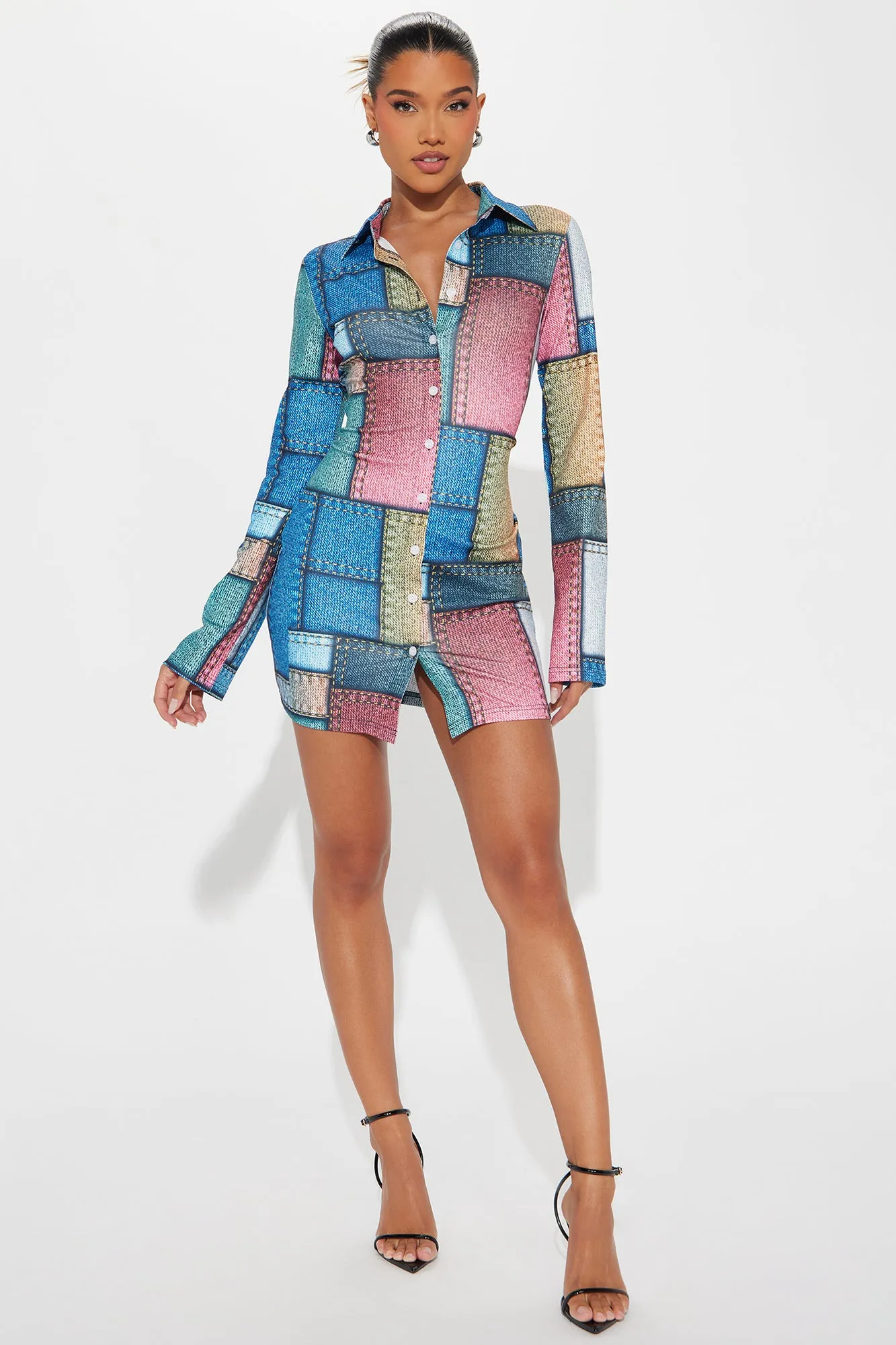 All Patched Up Mini Shirt Dress - Blue/combo sold by Fashion Nova