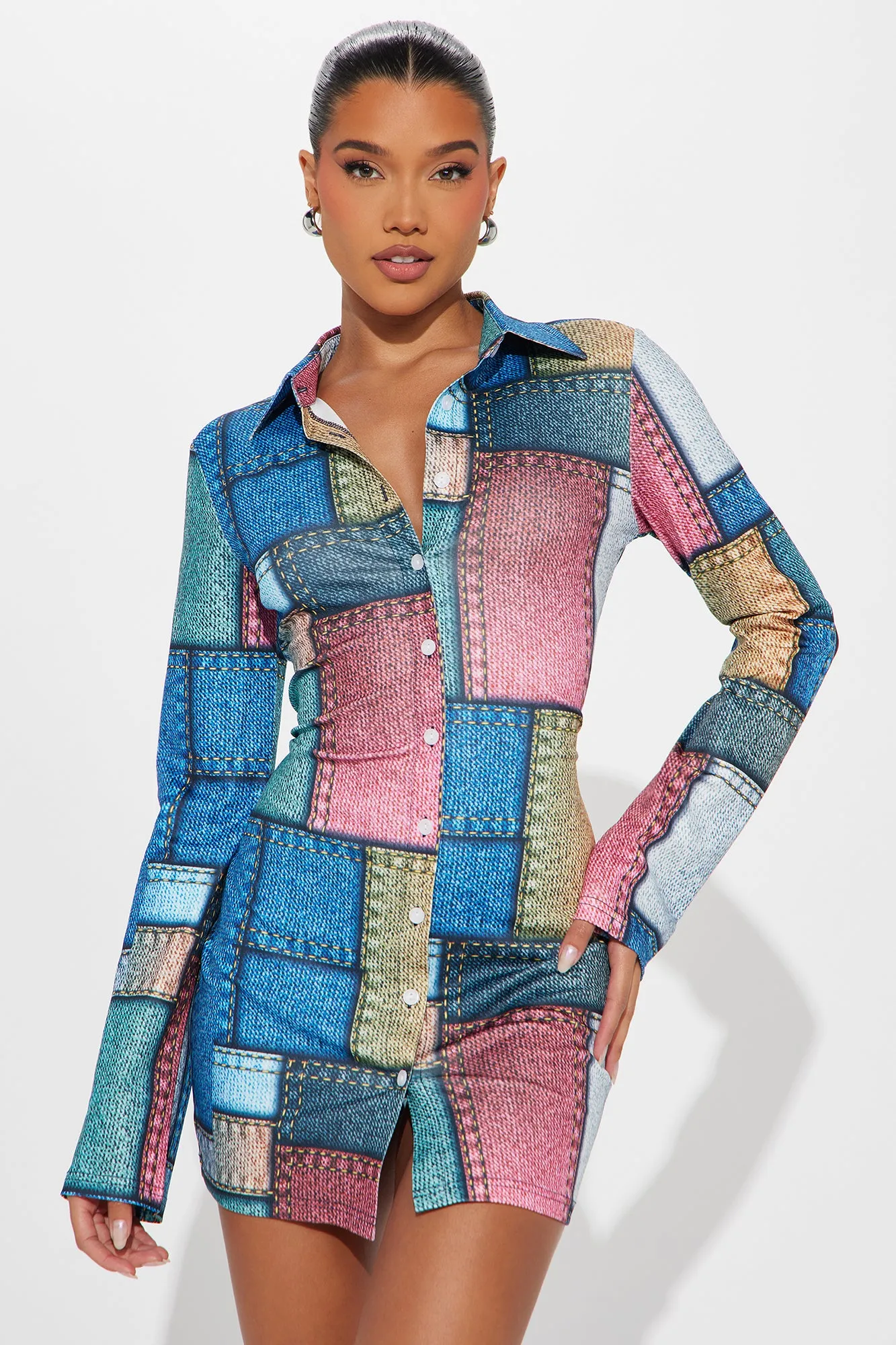 All Patched Up Mini Shirt Dress - Blue/combo sold by Fashion Nova product image thumbnail 2