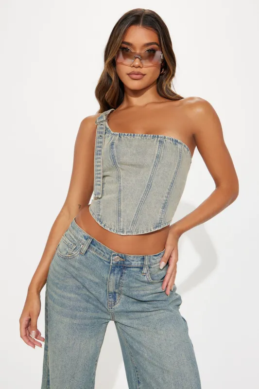 Eileen Washed Denim Corset Top - Vintage Wash sold by Fashion Nova