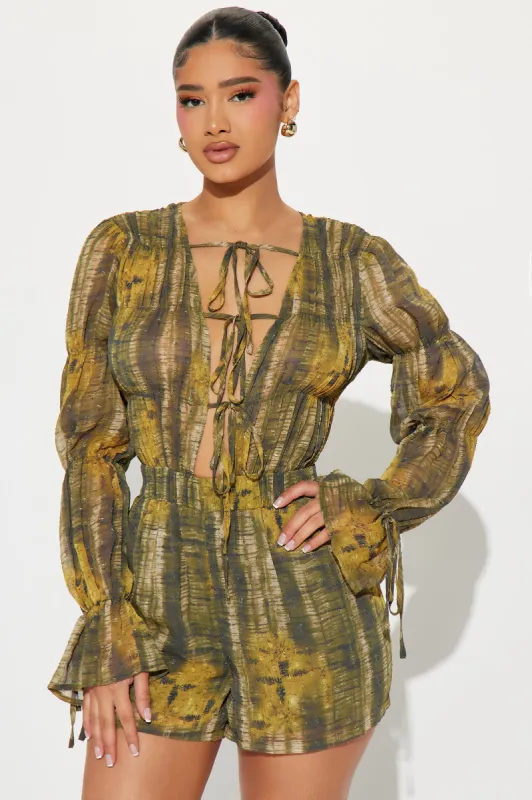 Catch Me on Vacay Romper - Yellow/combo sold by Fashion Nova