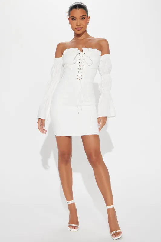 Lace-Up Lovestruck Denim Mini Dress - White sold by Fashion Nova