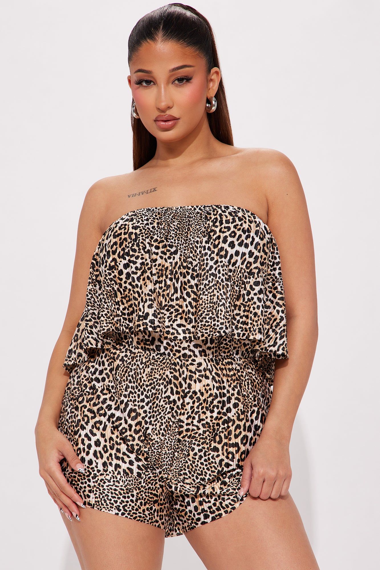 Yesenia Plisse Romper - Tan/Multi sold by Fashion Nova