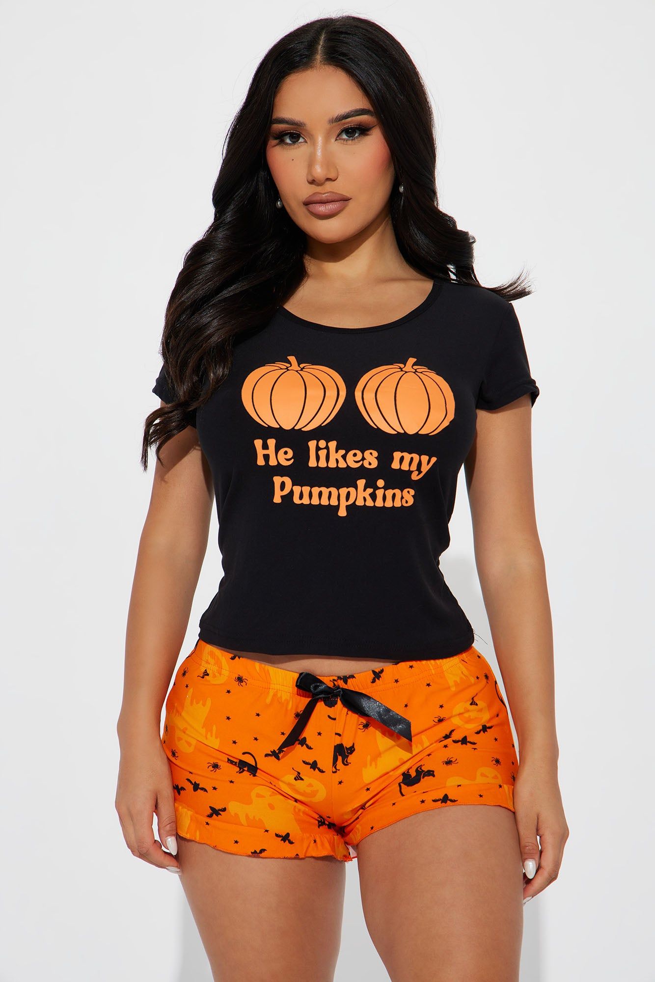 Do You Like My Pumpkins PJ Short Set - Black/Orange sold by Fashion Nova
