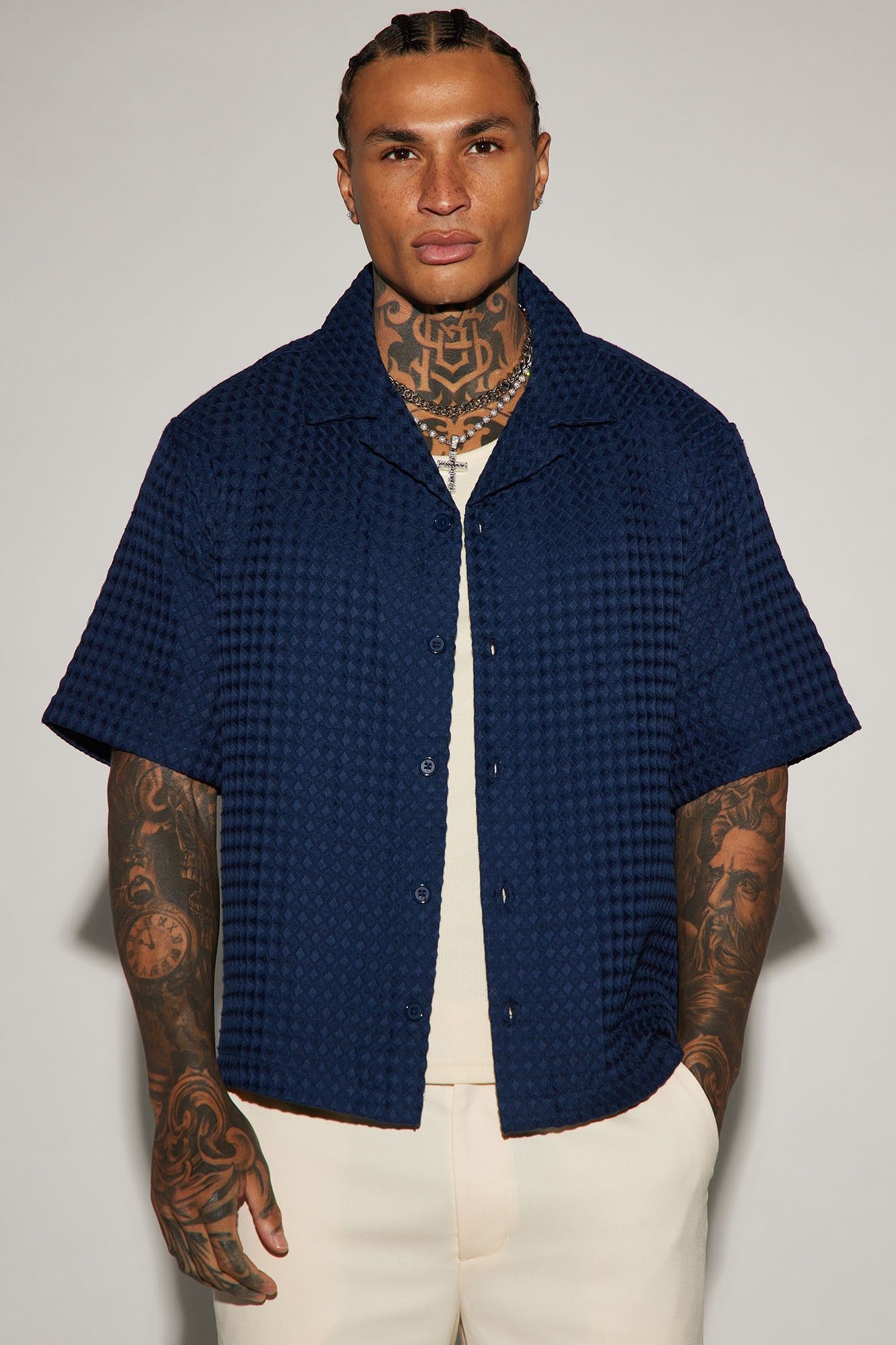 Waffle Knit Textured Button Up Shirt - Blue sold by Fashion Nova