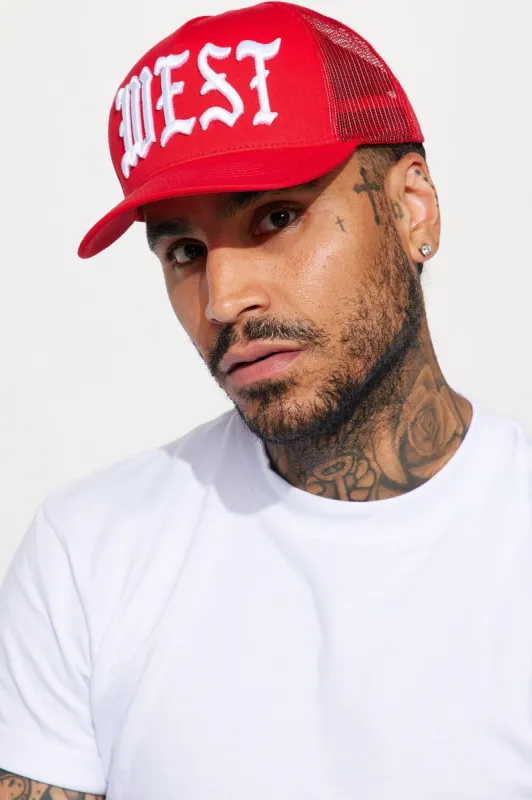 West Side Twill Trucker Hat - Red sold by Fashion Nova