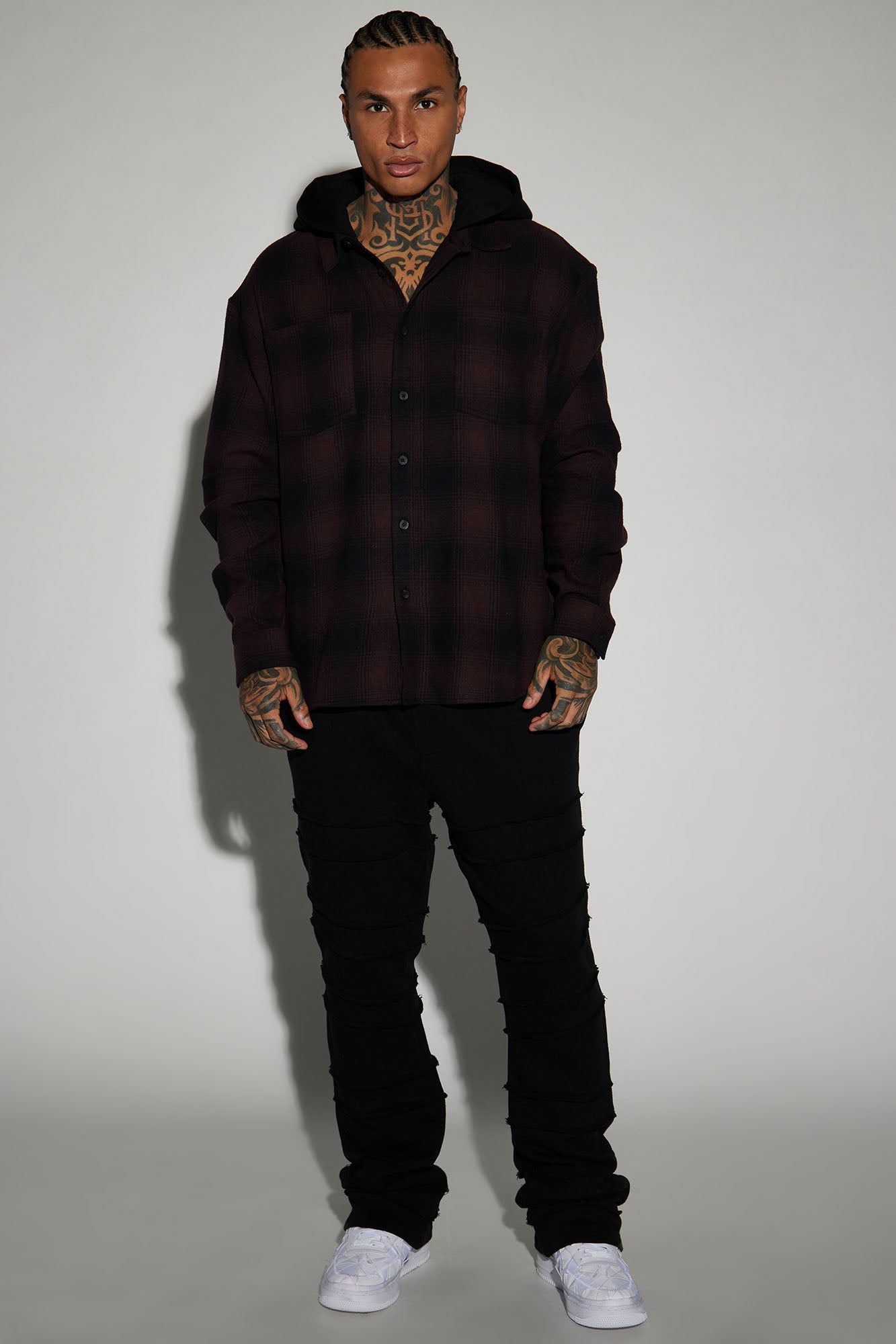 Time Gon Tell Hooded Oversized Shacket - Burgundy/combo sold by Fashion Nova product image thumbnail 2